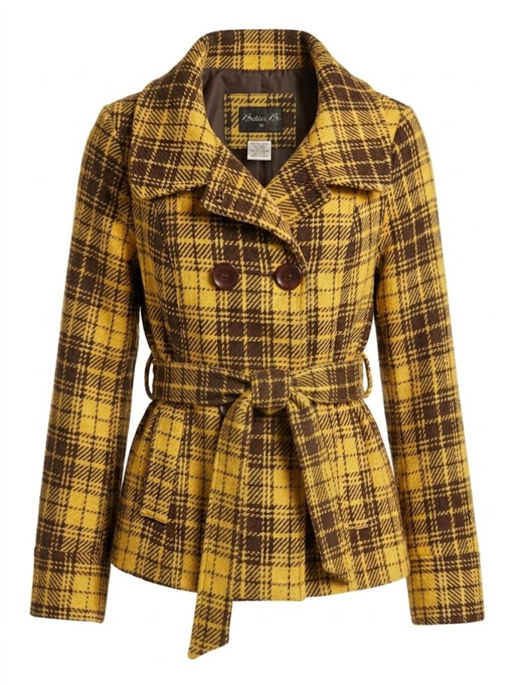 Yellow Brown Plaid Pea Coat Jacket Medium Belted Dark Academia Preppy Wool Blend